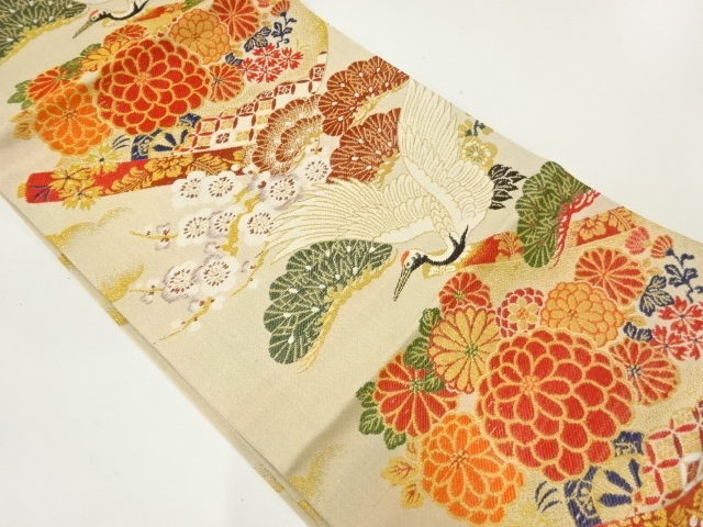 アンティーク　松梅に鶴模様織出し丸帯（着用可）